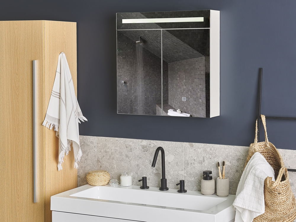 Bathroom Wall Mounted Mirror Cabinet with LED White 60 x 60 cm JARAMILLO Beliani