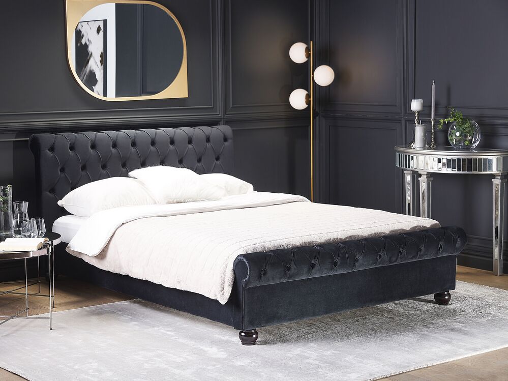 Black velvet double bed frame discount