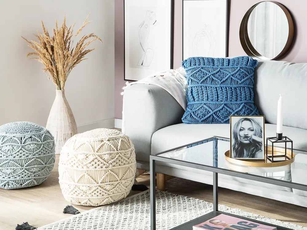 Cotton Macramé Cushion 45 x 45 cm Blue KARATAS
