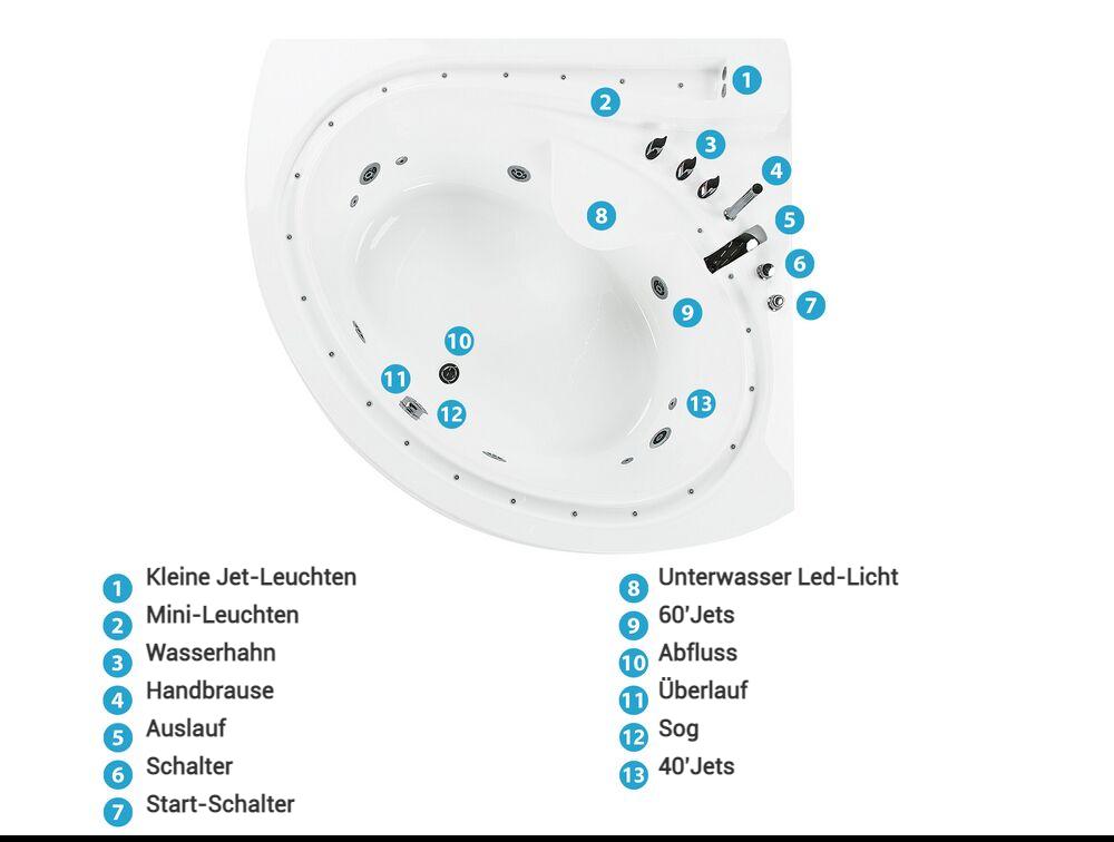 Whirlpool Badewanne Eckmodell mit LED PELICAN 206 x 165 cm Weiss_796438