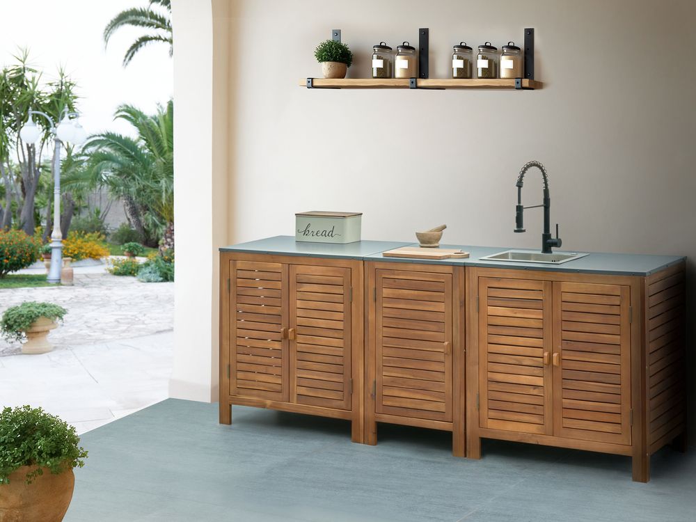 3 Piece Outdoor Kitchen Set with Sink BRUCOLI Brown/ Black Acacia Wood