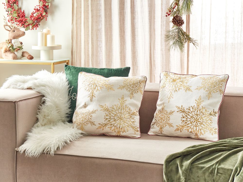 Set of 2 Cotton Cushions Christmas Motif 45 x 45 cm White and Gold STAPELIA Beliani