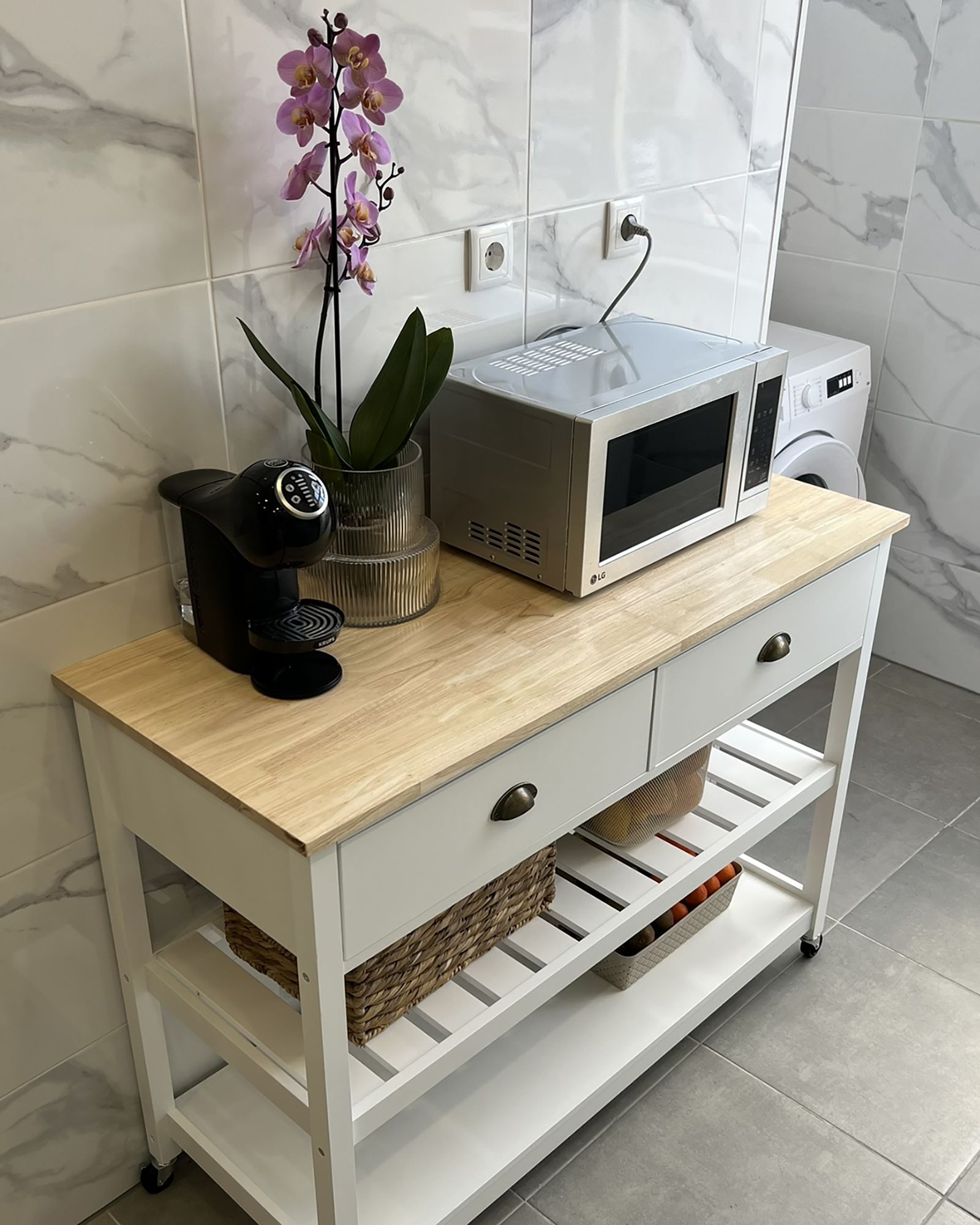 Carrito de cocina de metal dorado vidrio 75 x 45 cm ruedas 2 estantes cajón glamour Kerry