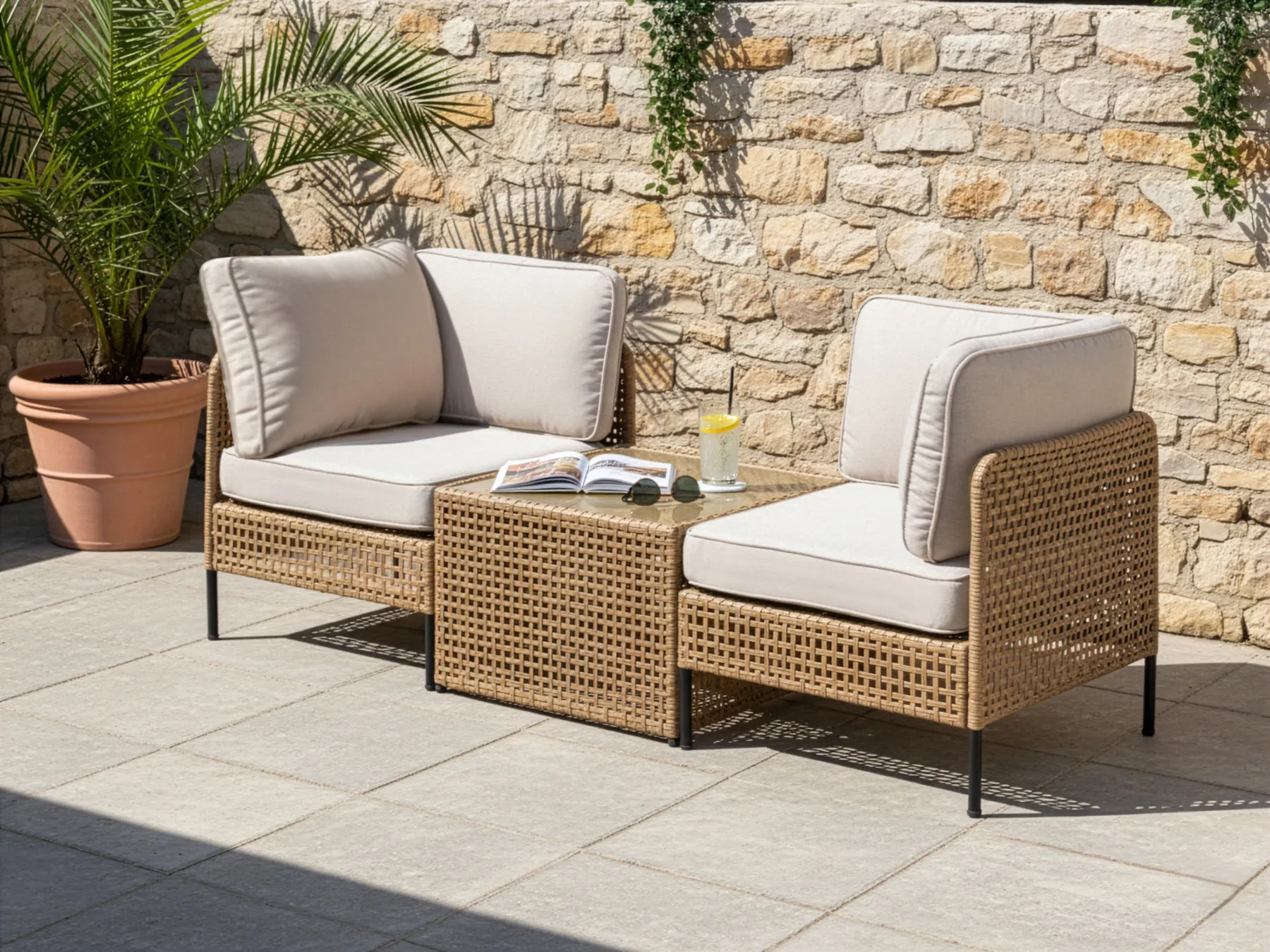 Garden Sofa with Table 2 Seater OMEGANA PE Rattan Light Beige_1040495