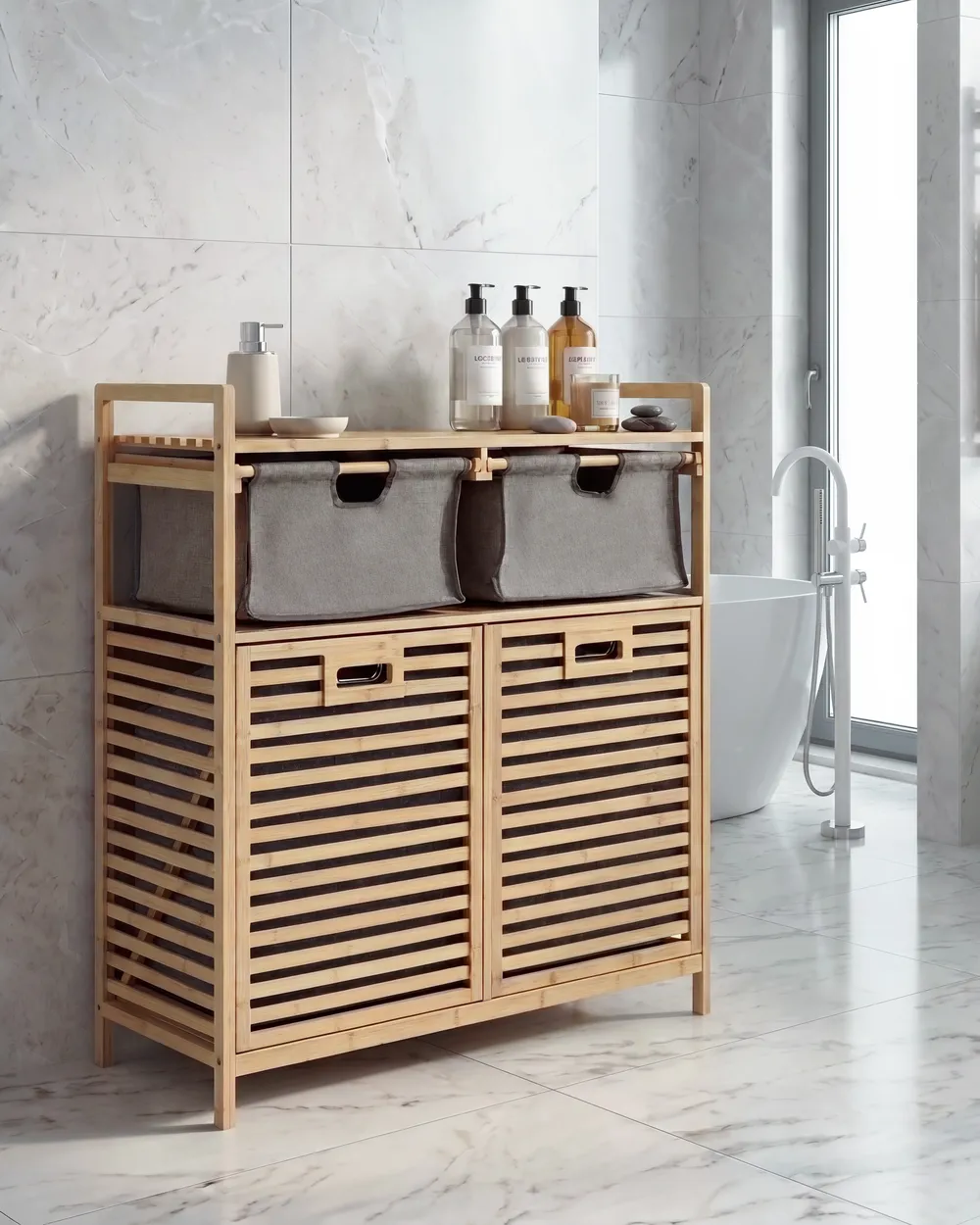 Mobile per la lavanderia con ante ribaltabili e contenitori CEJAR 88 cm Bambù Marrone chiaro