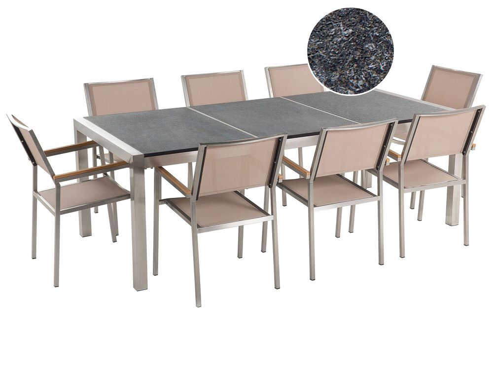Salle à manger de jardin 8 places GROSSETO Triple plaque Granit Flammé Noir/beige
