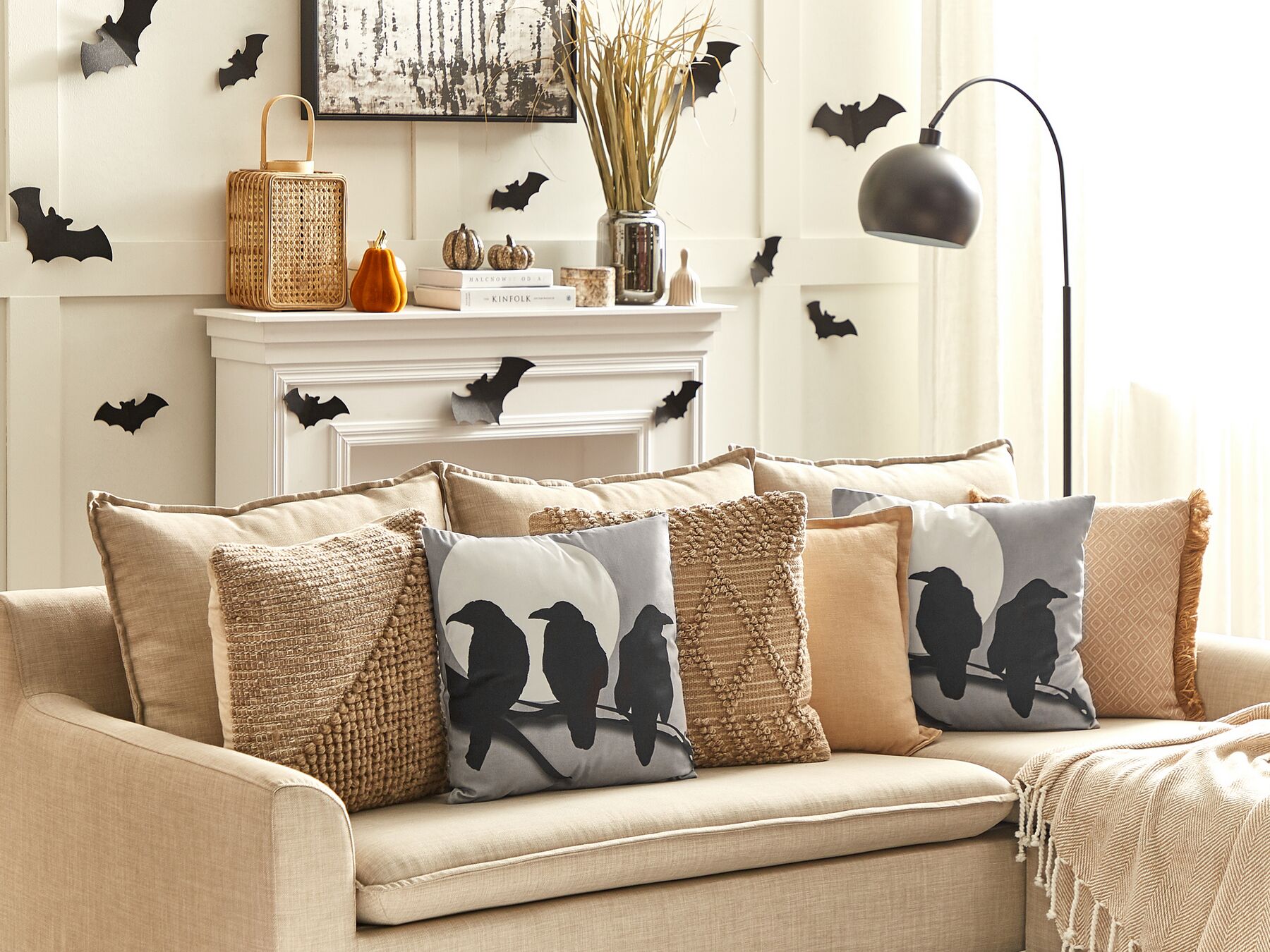 Set of 2 Velvet Cushion Crows Pattern 45 x 45 cm Grey ORADEA_830081