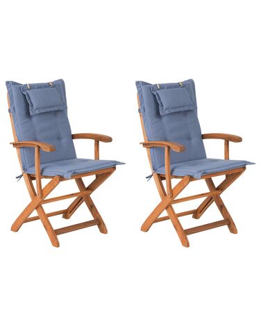 Conjunto de 2 sillas de jardín de madera con cojines azules MAUI