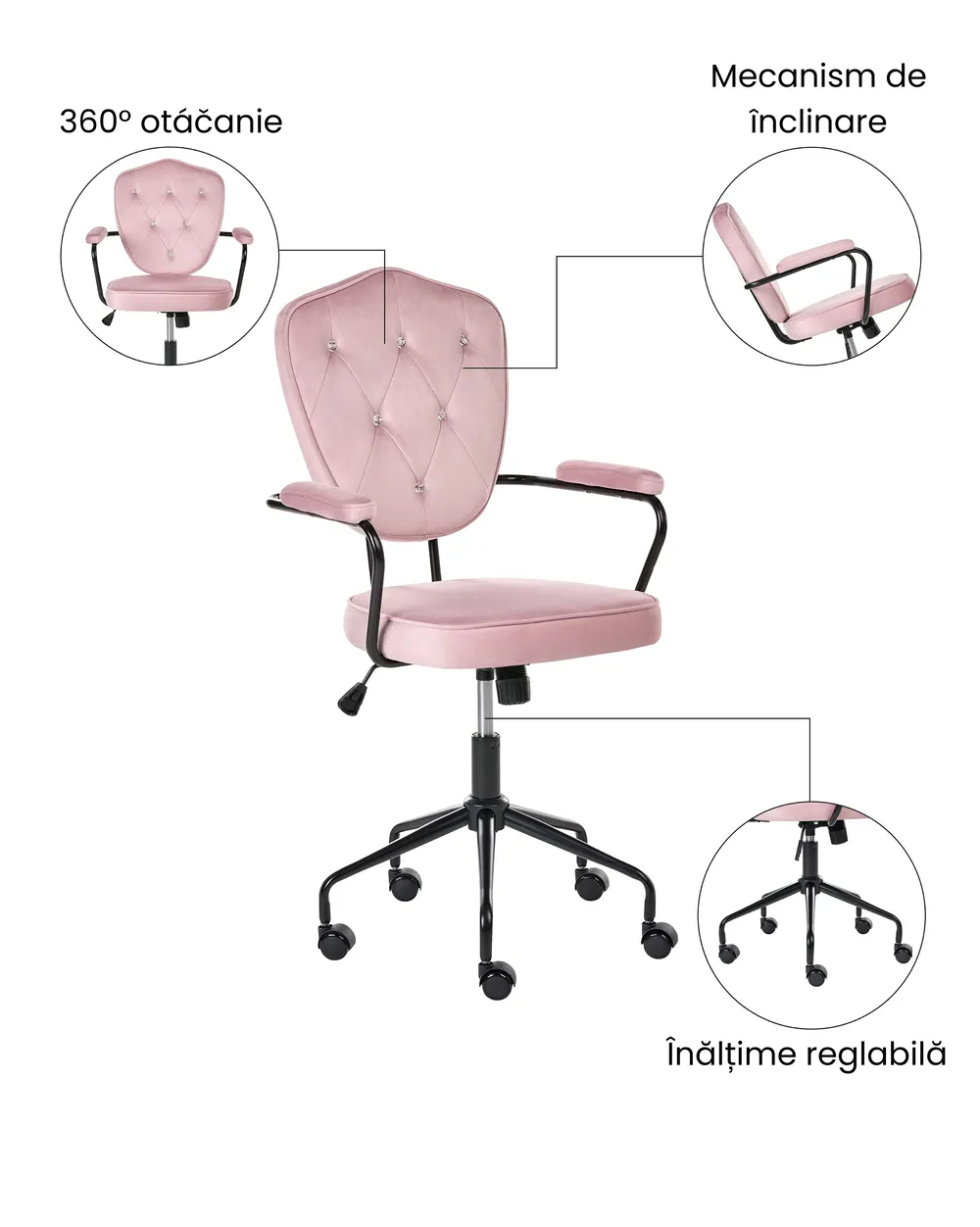 Scaun de birou VELISSE Catifea Roz pastel_1065430