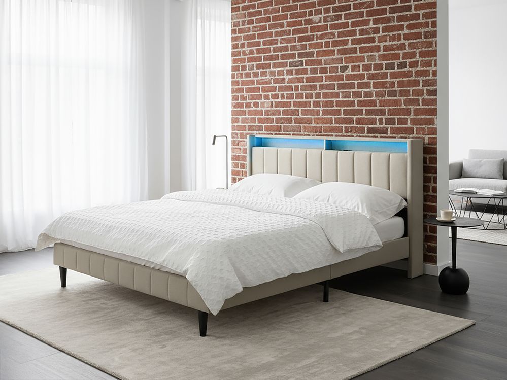 Bett mit LED BEAULIEU Stoff Beige 160 x 200 cm mit Stauraum mit USB-Anschluss