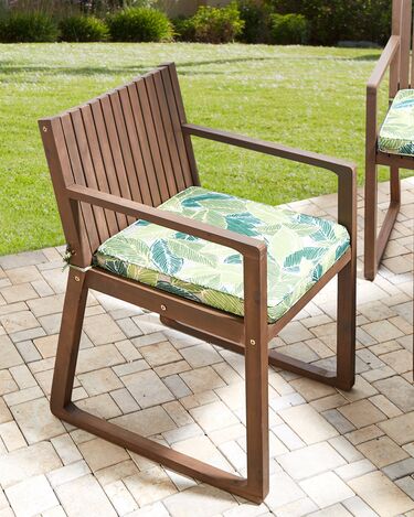 Set of 8 Dark Acacia Wood Garden Dining Chairs with Leaf Pattern Green Cushions SASSARI