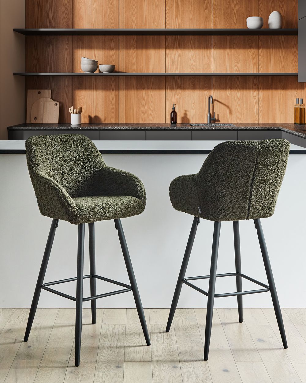 Conjunto de 2 sillas de bar CASMALIA Bouclé Verde oscuro