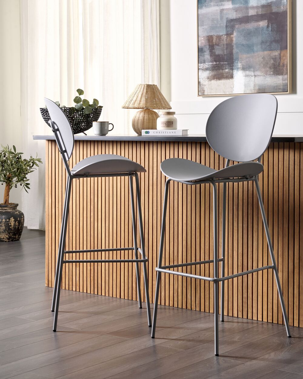 Lot De 4 Tabourets De Bar Style Scandinave - Assise Polyester, Pieds Fer Imitation Bois - Design Moderne Et Stable