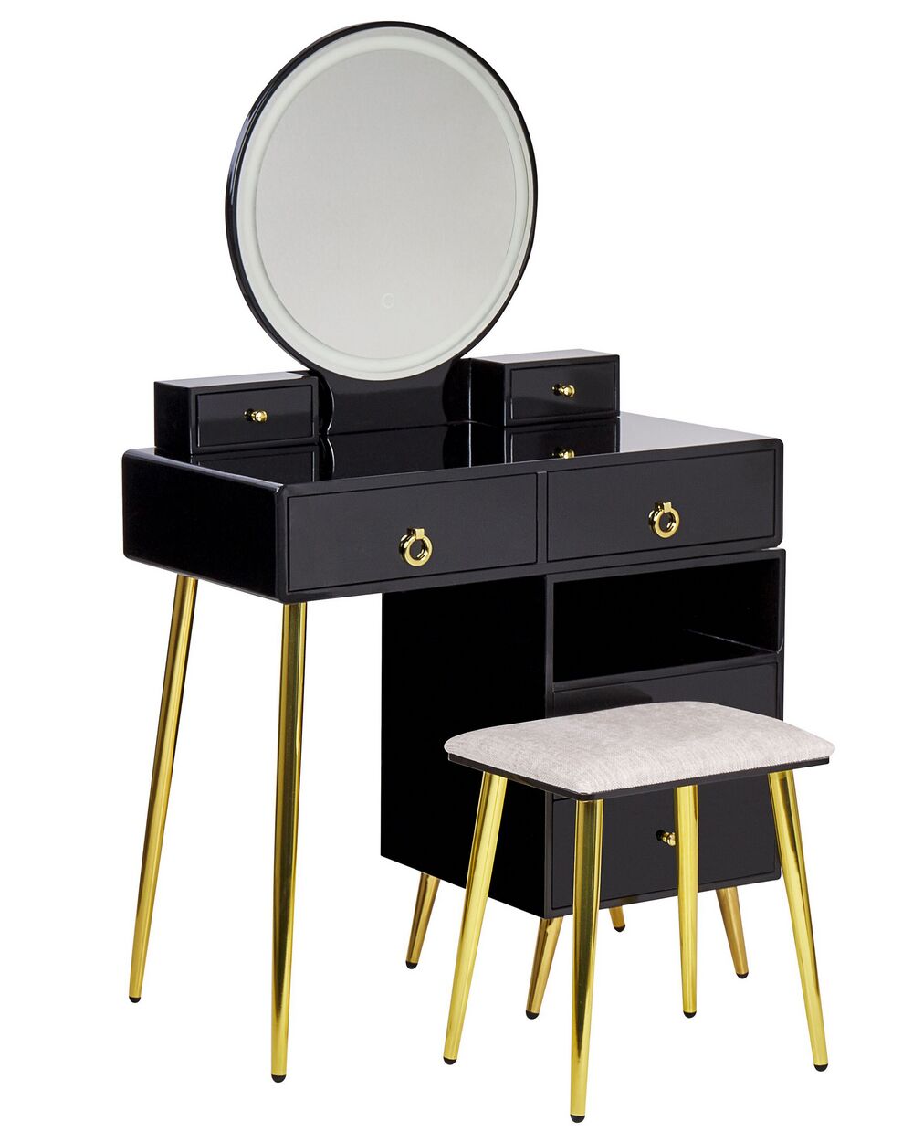 6 Drawers Dressing Table with LED Mirror and Stool Black and Gold YVES Beliani