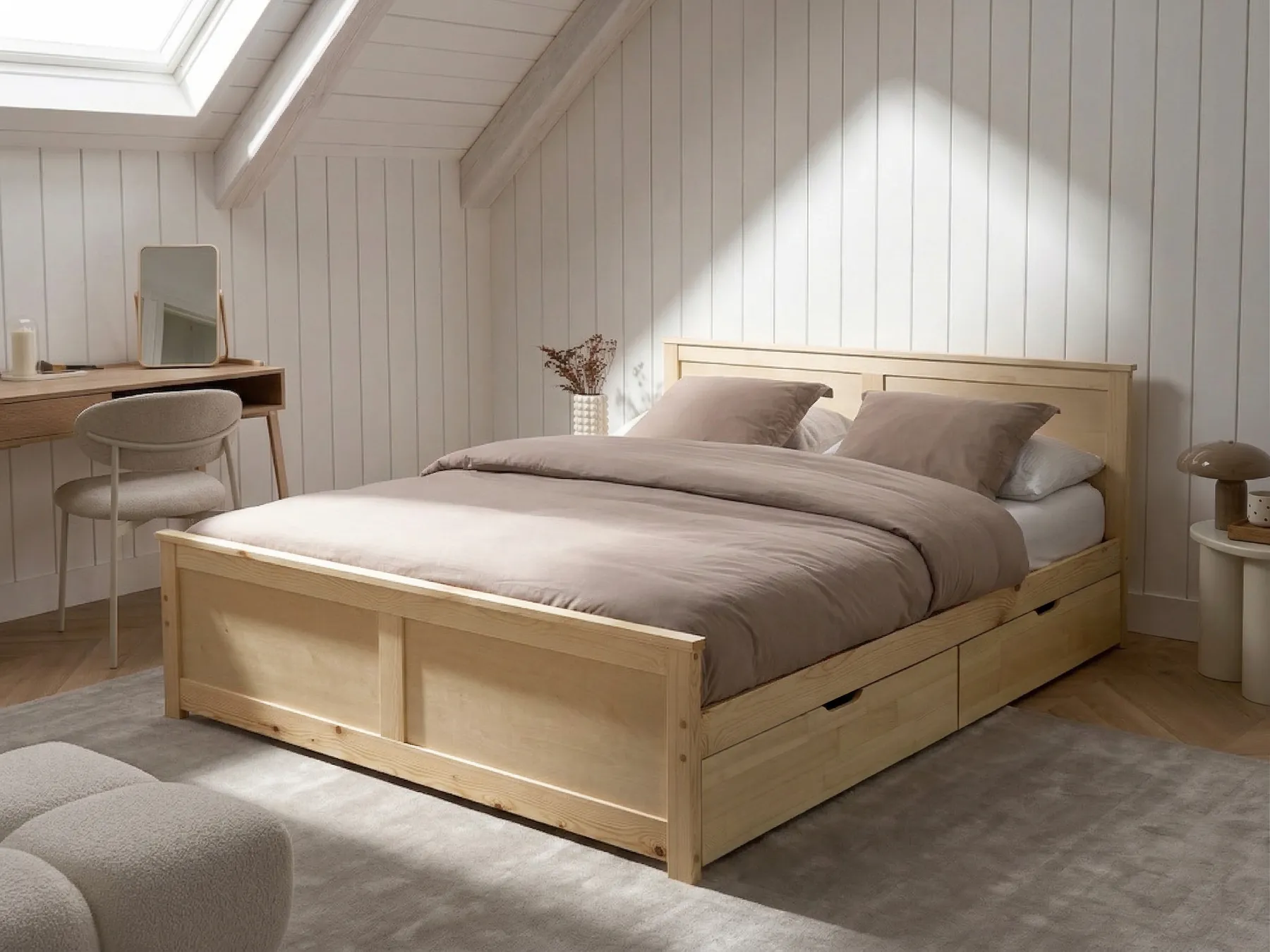 Bed with 2 Drawers DAUPHIN Pine Wood Light Brown 160 x 200 cm (EU King Size)_1059868