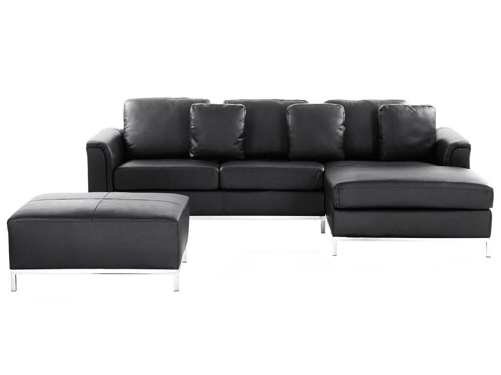 Ecksofa 4-Sitzer OSLO mit Ottomane Echtleder Schwarz linksseitig