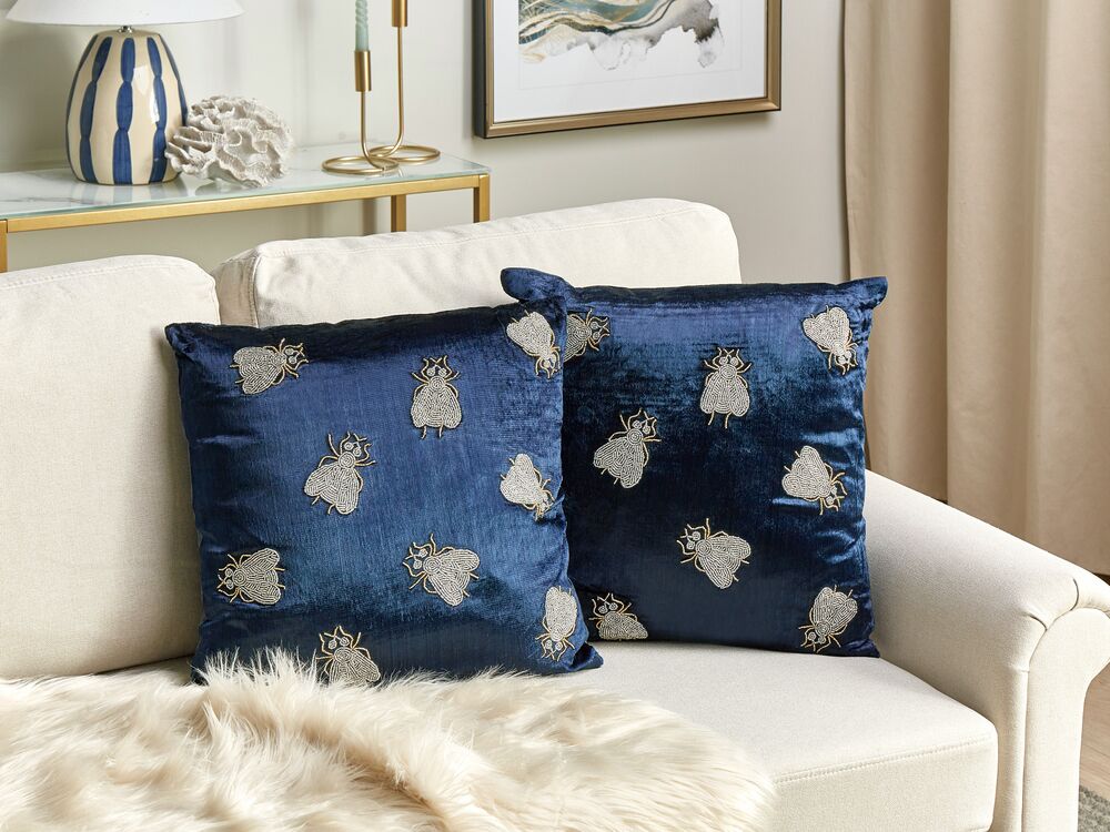 Set of 2 Embroidered Velvet Cushions Flies Motif 45 x 45 cm Navy Blue PENTAS Beliani