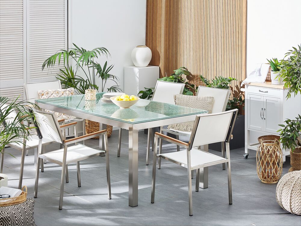 6 Seater Garden Dining Set Glass Table with White Chairs GROSSETO Beliani