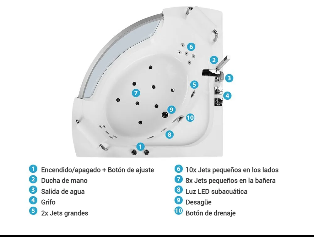 Bañera de hidromasaje LED esquinera MANGLE 187 x 136 cm Blanco_807031