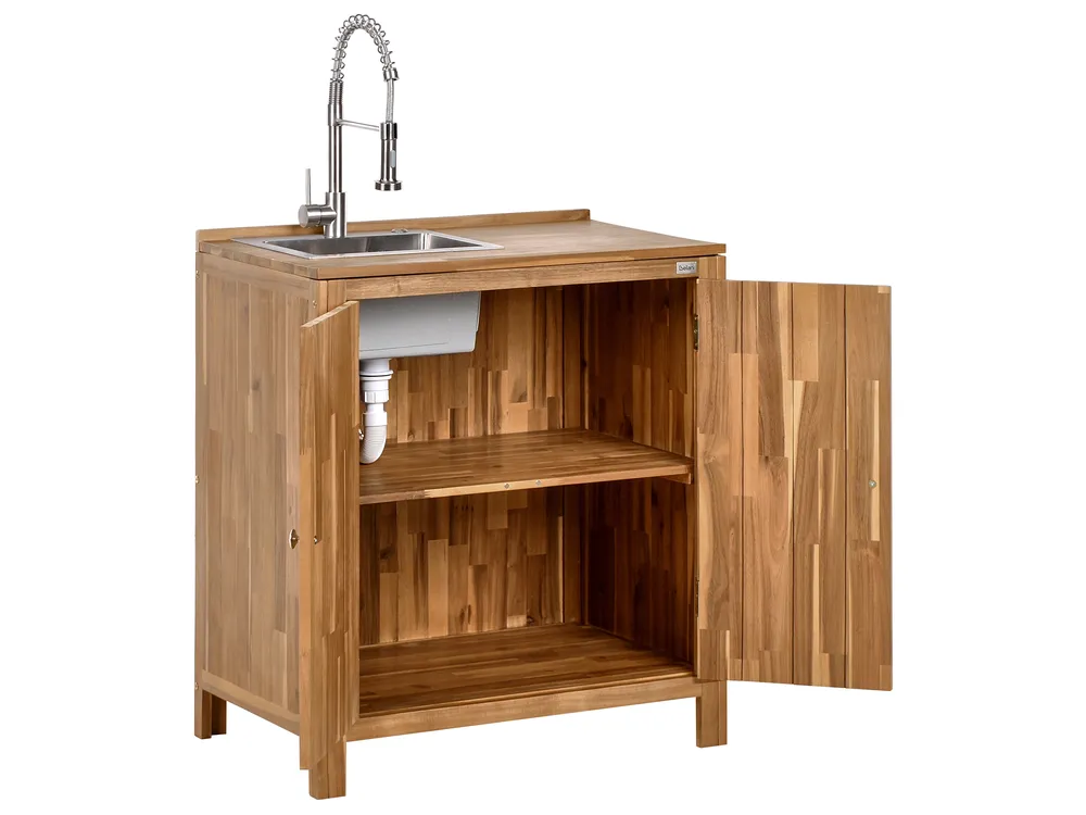 Outdoor Kitchen Cabinet with Sink VENOSA Acacia Wood Brown/ Silver