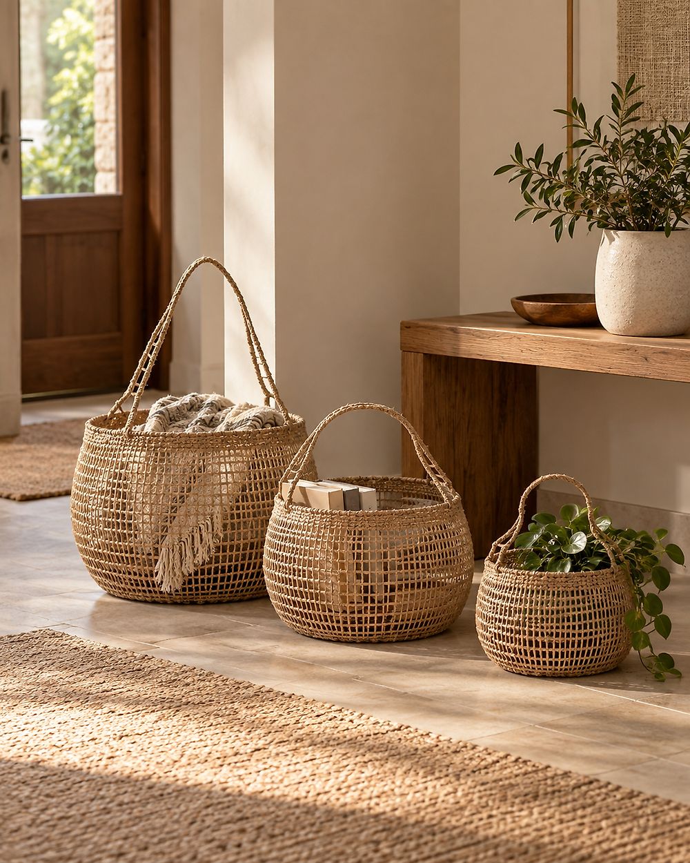 Set of 3 Baskets ARAPAIMA Seagrass Natural Ash Wood