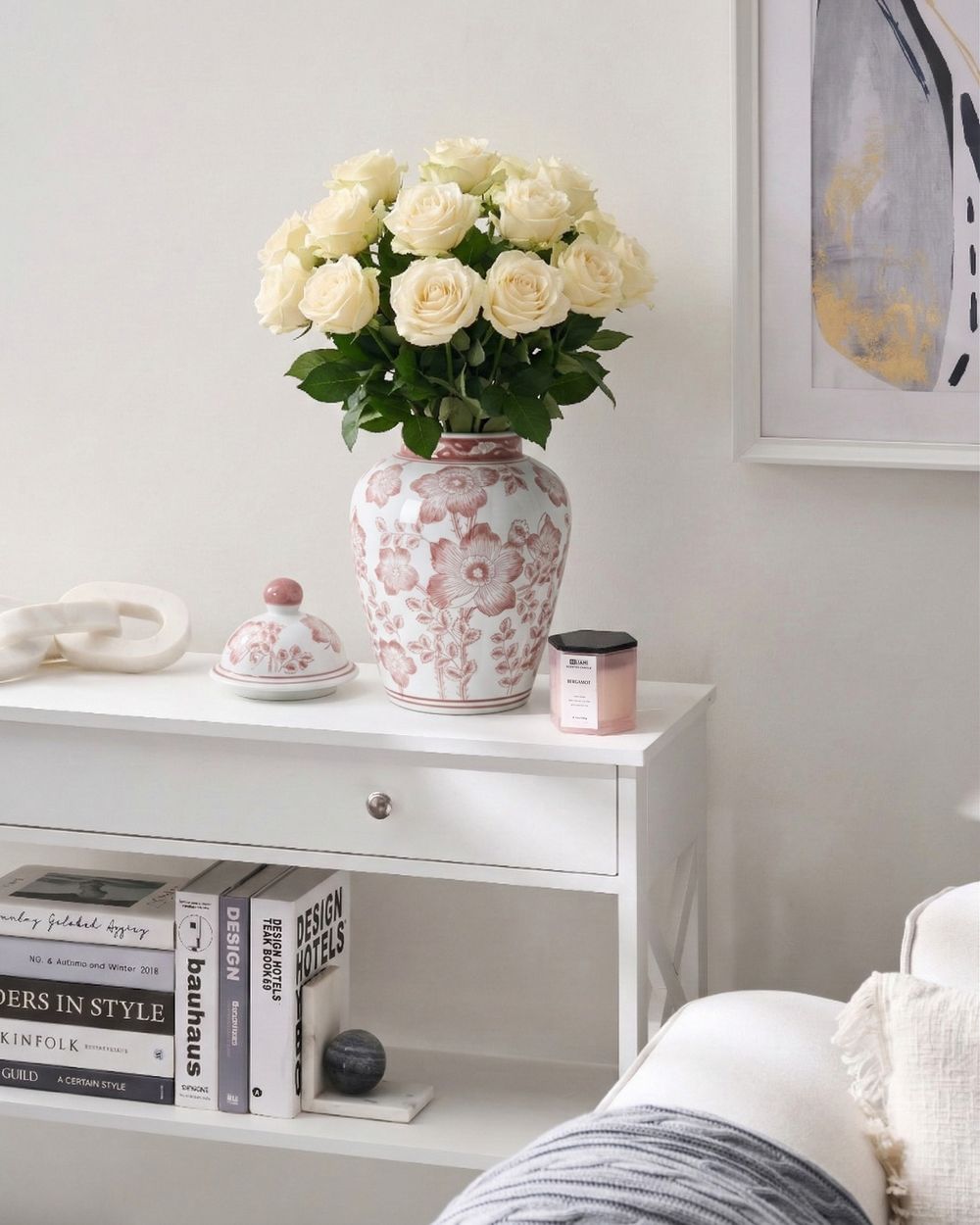 Wazon z pokrywką MOGUER 36 cm Porcelana Czerwony/ biały