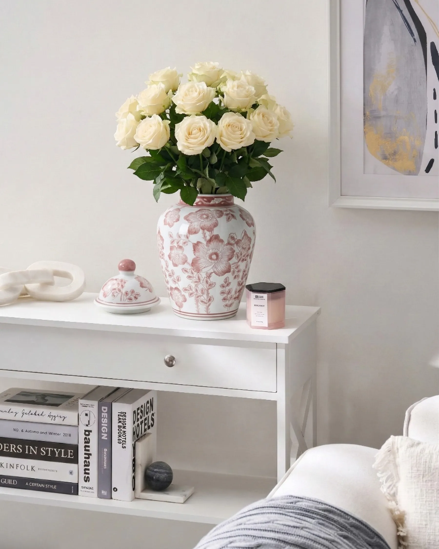Wazon z pokrywką MOGUER 36 cm Porcelana Czerwony/ biały_1052880