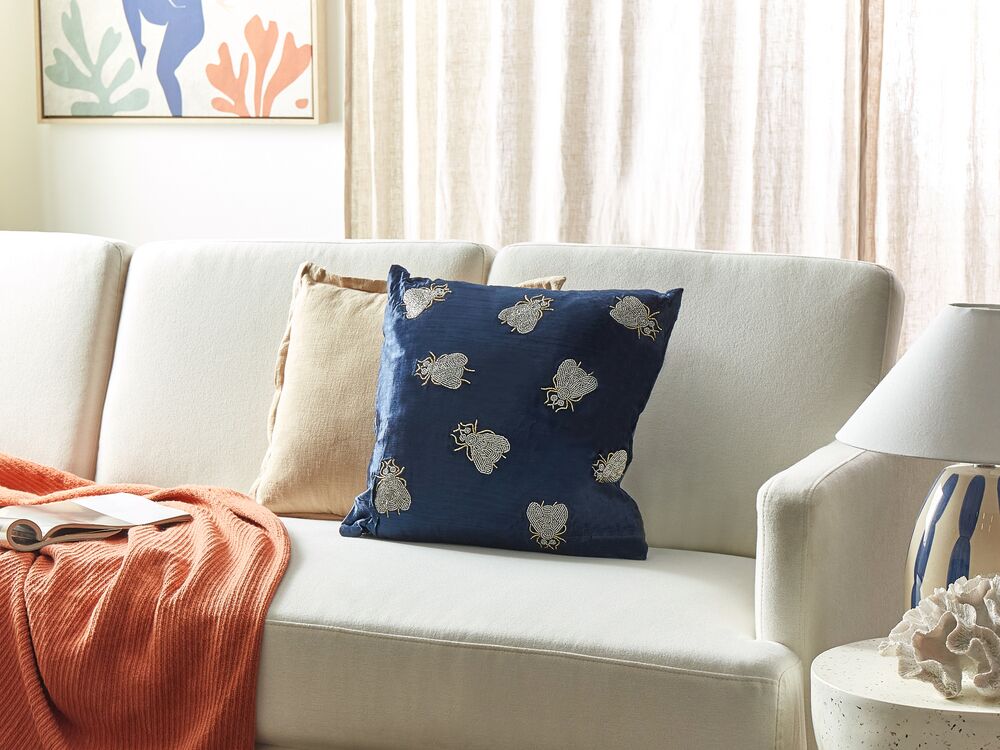 Embroidered Velvet Cushion Flies Motif 45 x 45 cm Navy Blue PENTAS Beliani