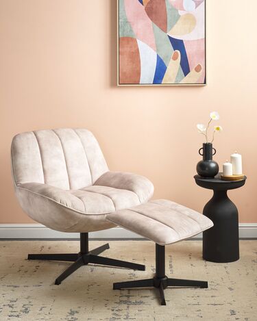 Velvet Swivel Armchairs with Footstool Beige LIA