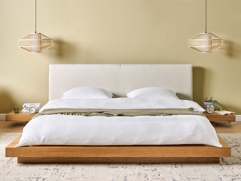 EU Super King Size Boucle Headboard Bed Light Wood ZEN Beliani