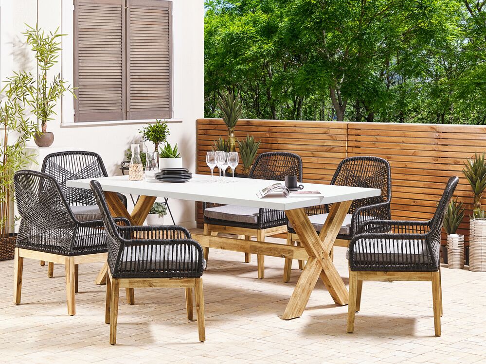 6 Seater Concrete Garden Dining Set with Chairs White with Black OLBIA Beliani.cz
