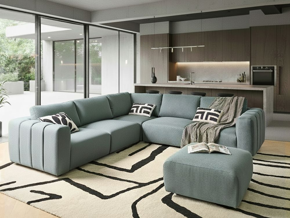 Modular Corner Sofa 5 Seater KIVVIK with Ottoman Fabric Green Right Hand