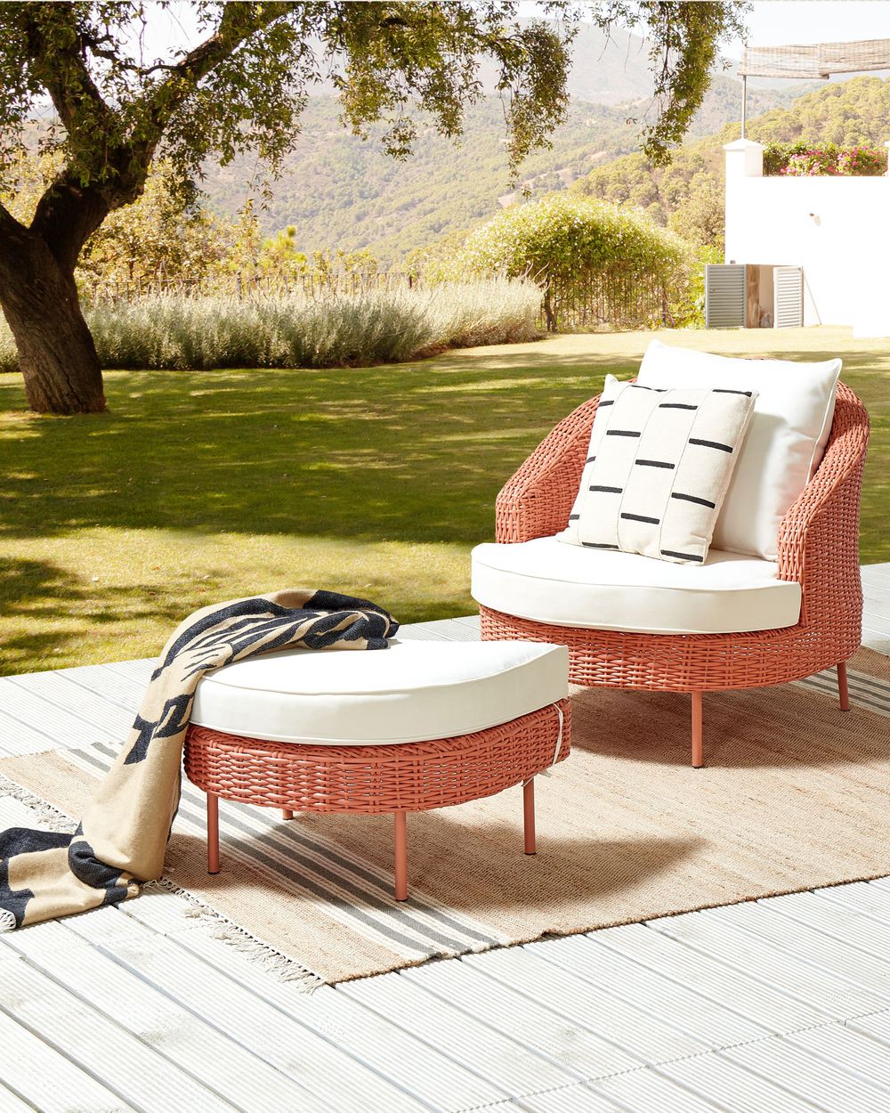 Garden Armchair with Ottoman ARCILLE II PE Rattan Peach Pink