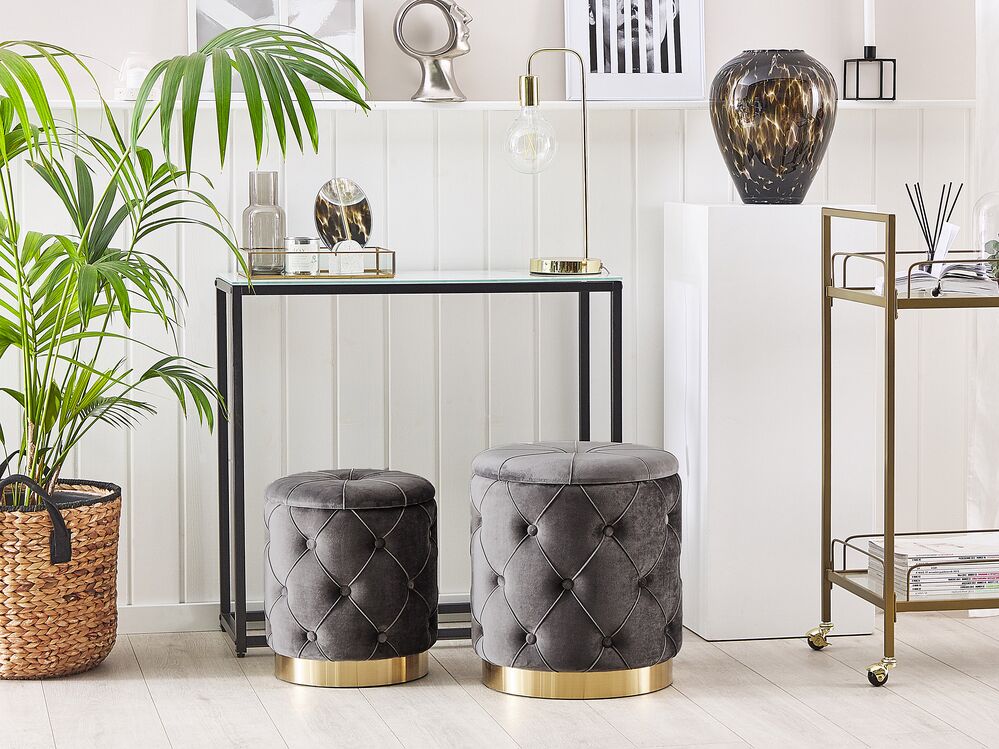 Set of 2 Storage Pouffes PUEBLO Velvet Grey