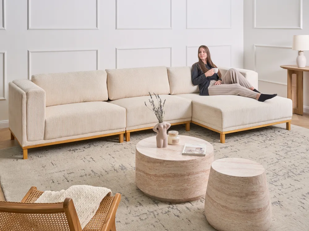 Corner Sofa 5 Seater VENG Corduroy Light Beige Left Hand_1010040