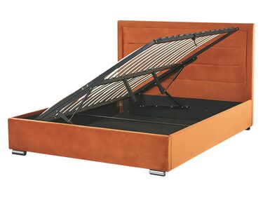 Zamatová posteľ s úložným priestorom 140 x 200 cm oranžová ROUEN