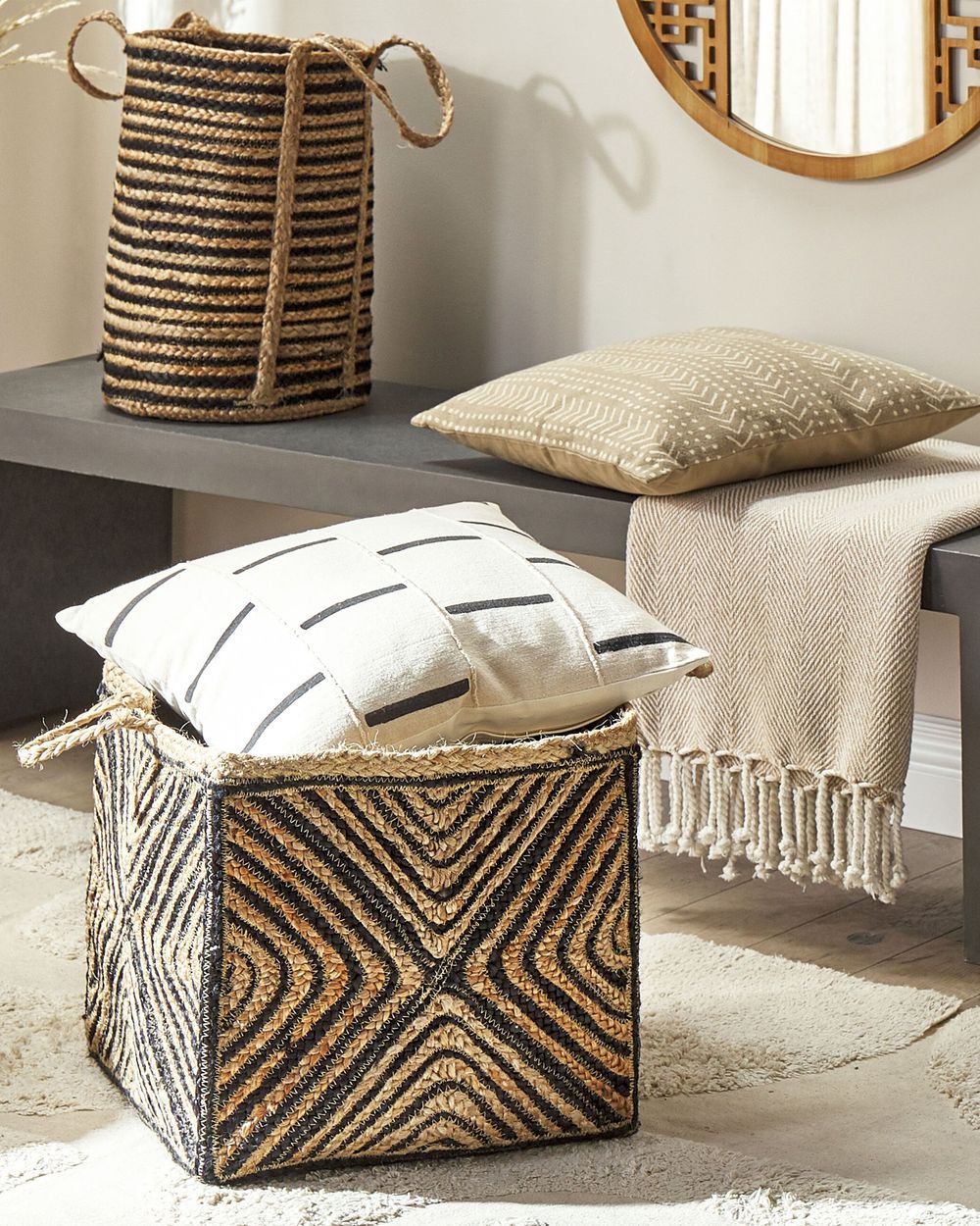 Jute Basket Natural and Black KOLHAPUR Beliani