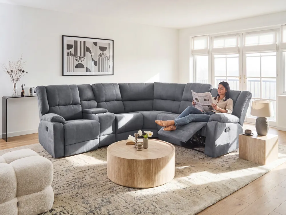 Manual Recliner Corner Sofa 5 Seater ROKKE Fabric Grey Left Hand_1108225