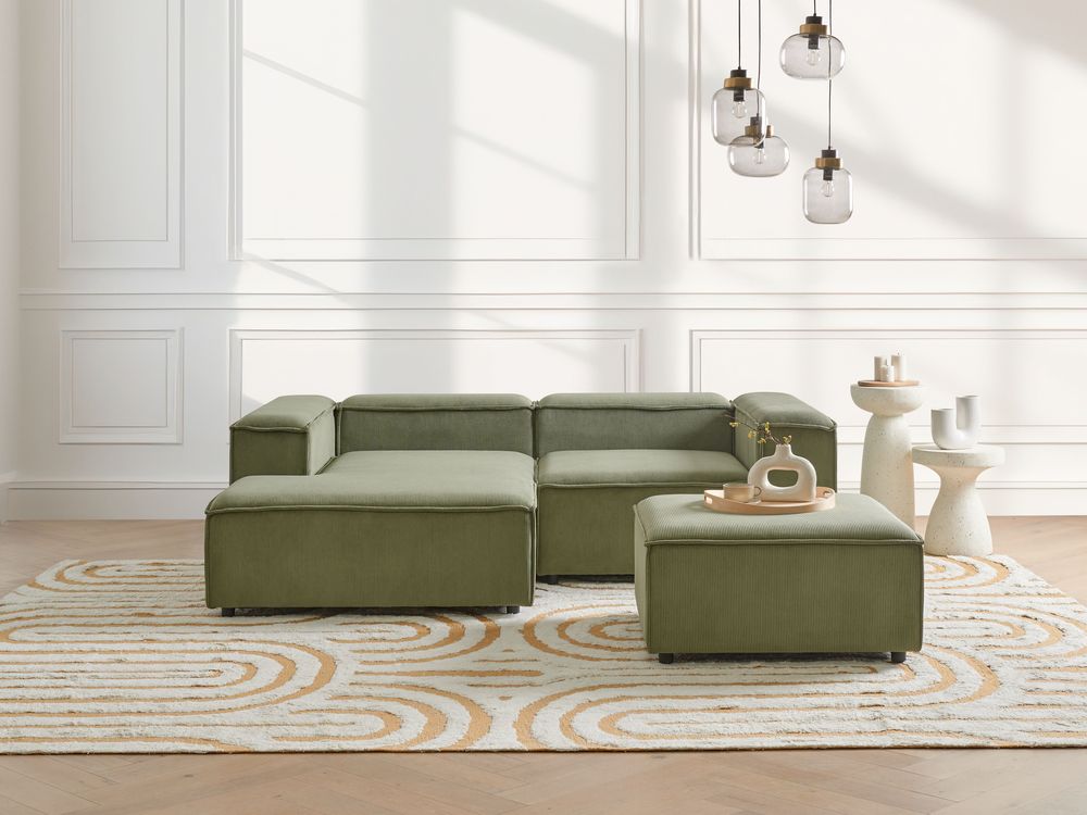 Modular Corner Sofa 2 Seater ARDAL with Ottoman Corduroy Green Right Hand