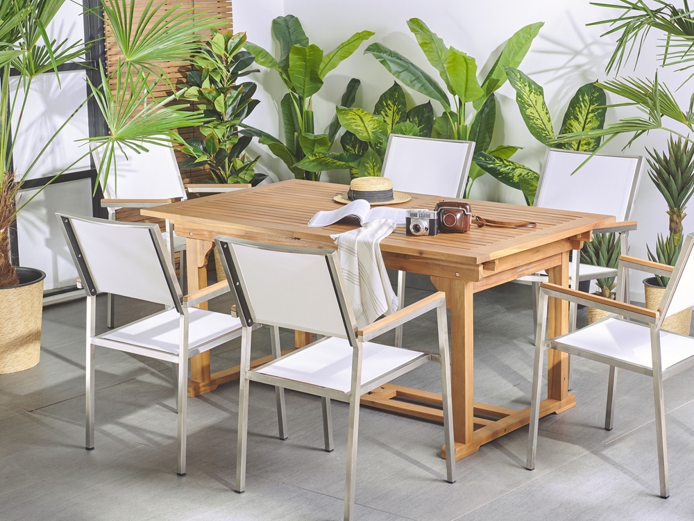 Extending Acacia Wood Garden Dining Table 160 220 x 90 cm Light Wood JAVA Beliani