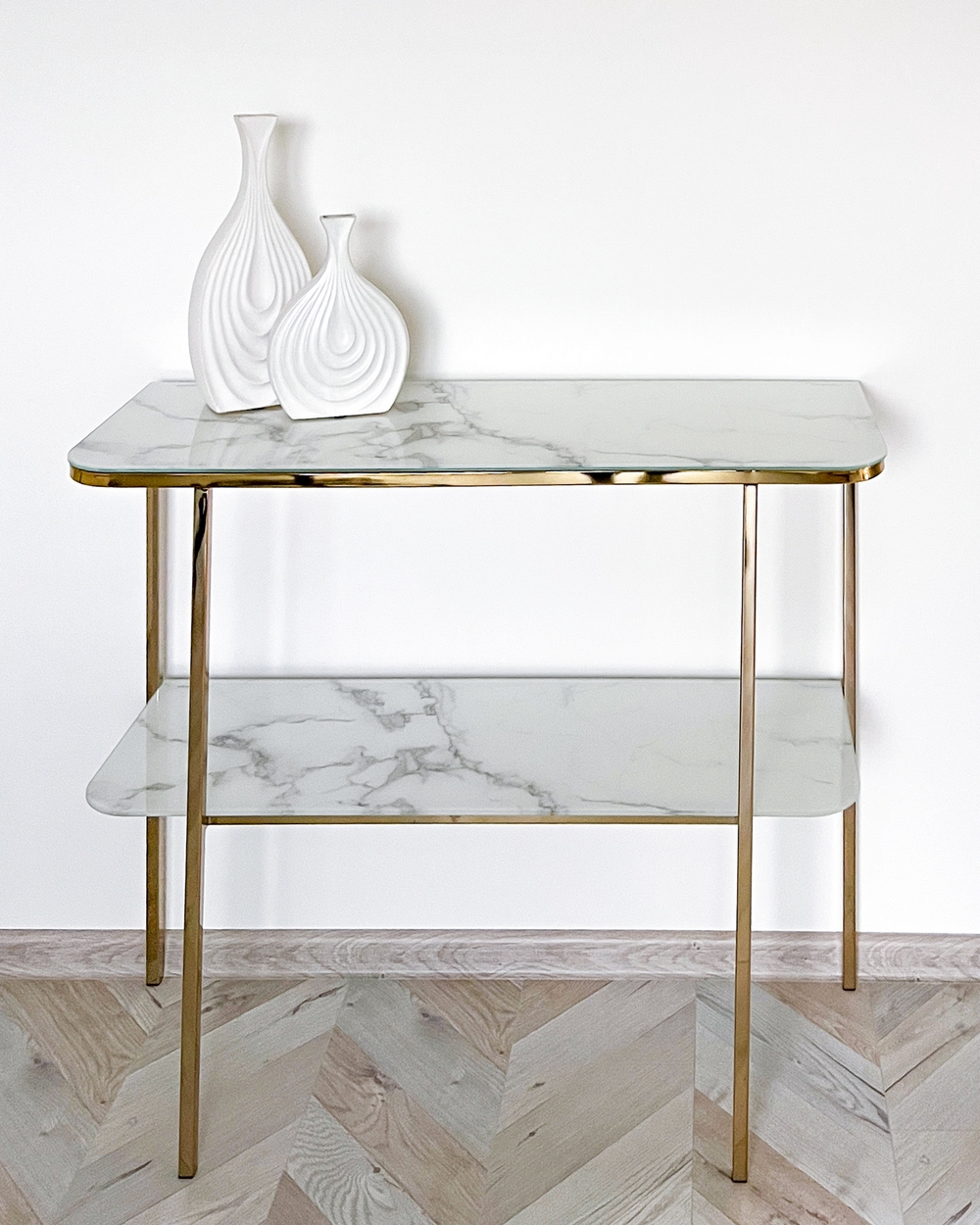 Glass Top Console Table Marble Effect White with Gold CALVERT Beliani