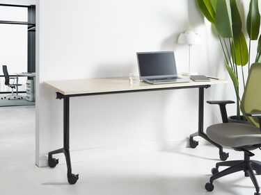 Folding Office Desk with Casters 160 x 60 cm Light Wood and Black CAVI