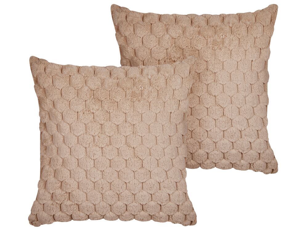Set of 2 Decorative Cushions PURSLANE 43 x 43 cm Faux Fur Beige Geometric Pattern