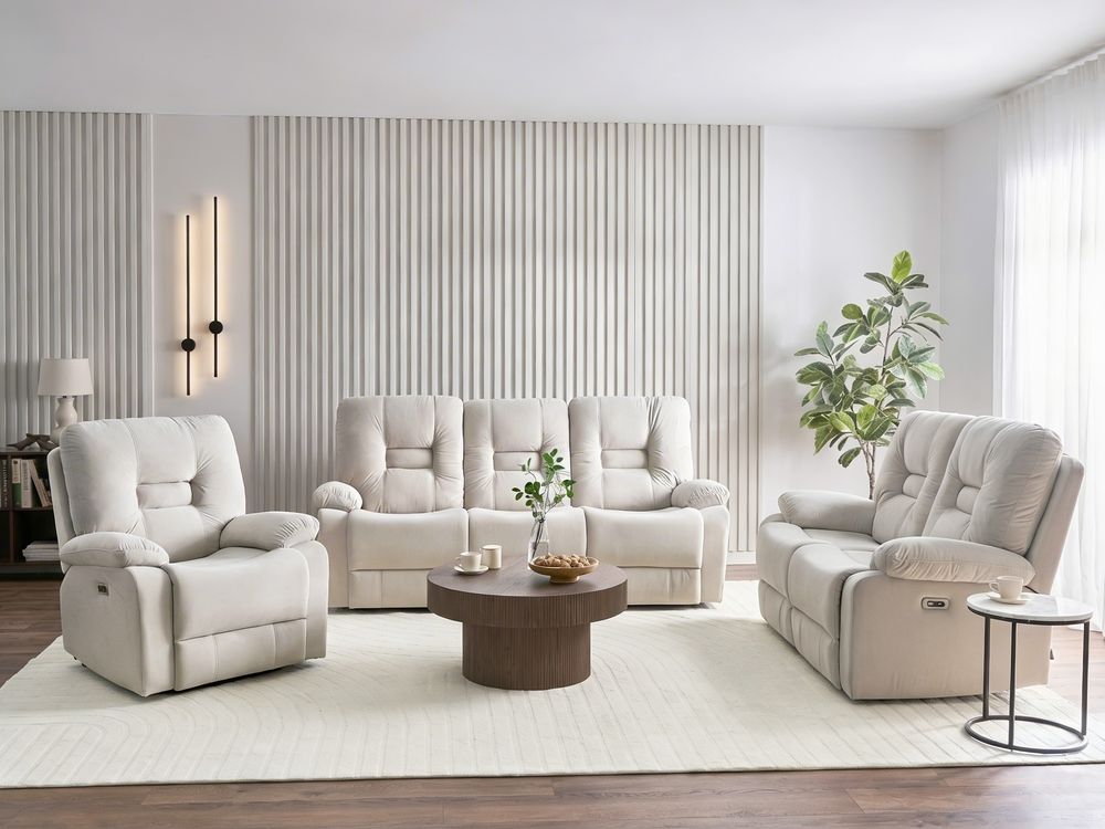 Electric Recliner Living Room Set 6 Seater BERGEN with USB Port Velvet Light Beige
