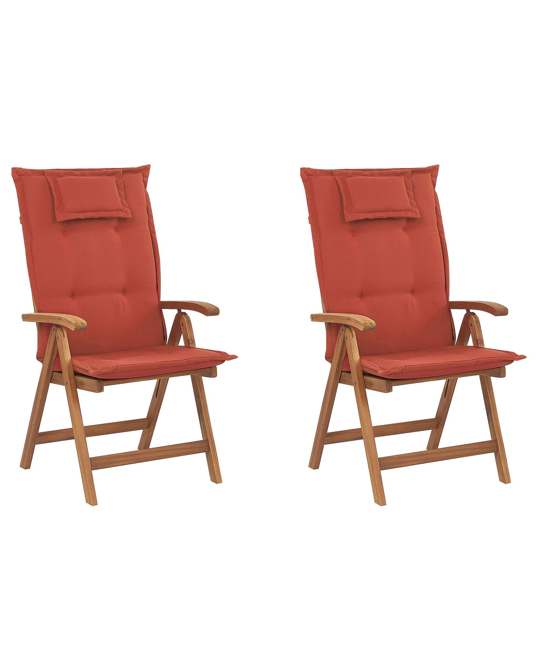 Set of 2 Acacia Wood Garden Folding Chairs with Red Cushions JAVA_787736