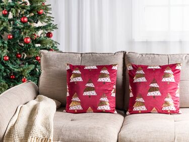 Set of 2 Velvet Cushions Christmas Tree Pattern 45 x 45 cm Red GOLDSPRUCE