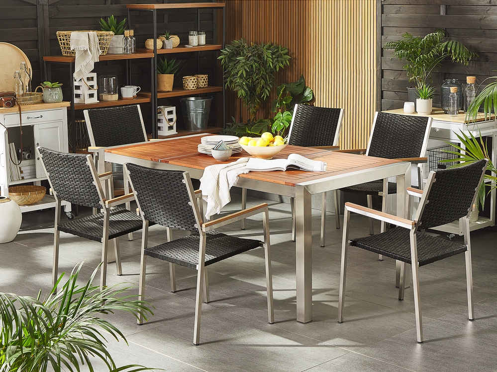 6 Seater Garden Dining Set Eucalyptus Wood Top with Black Rattan Chairs GROSSETO Beliani