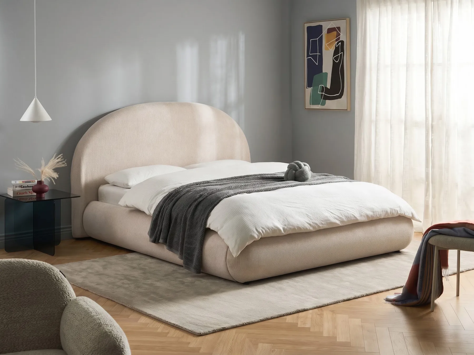 Ottoman Bed GRASSE Fabric Light Beige 160 x 200 cm (EU King Size)_1056347