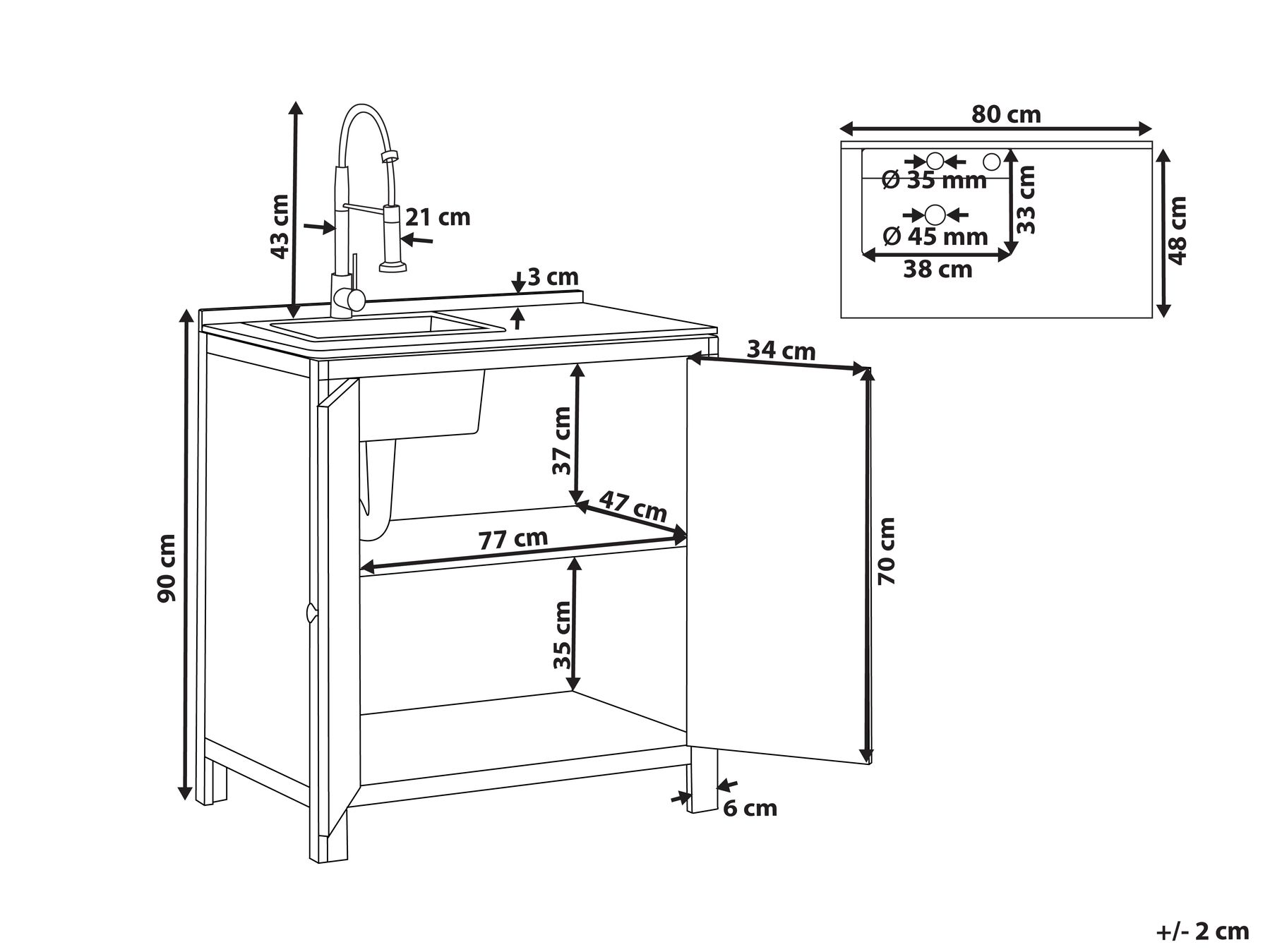 Садовый кухонный шкаф с раковиной из акации 50 x 80 x 90 коричневый с черным VENOSA_984622 Садовый кухонный шкаф с раковиной из акации 50 x 80 x 90 коричневый с черным VENOSA_984622