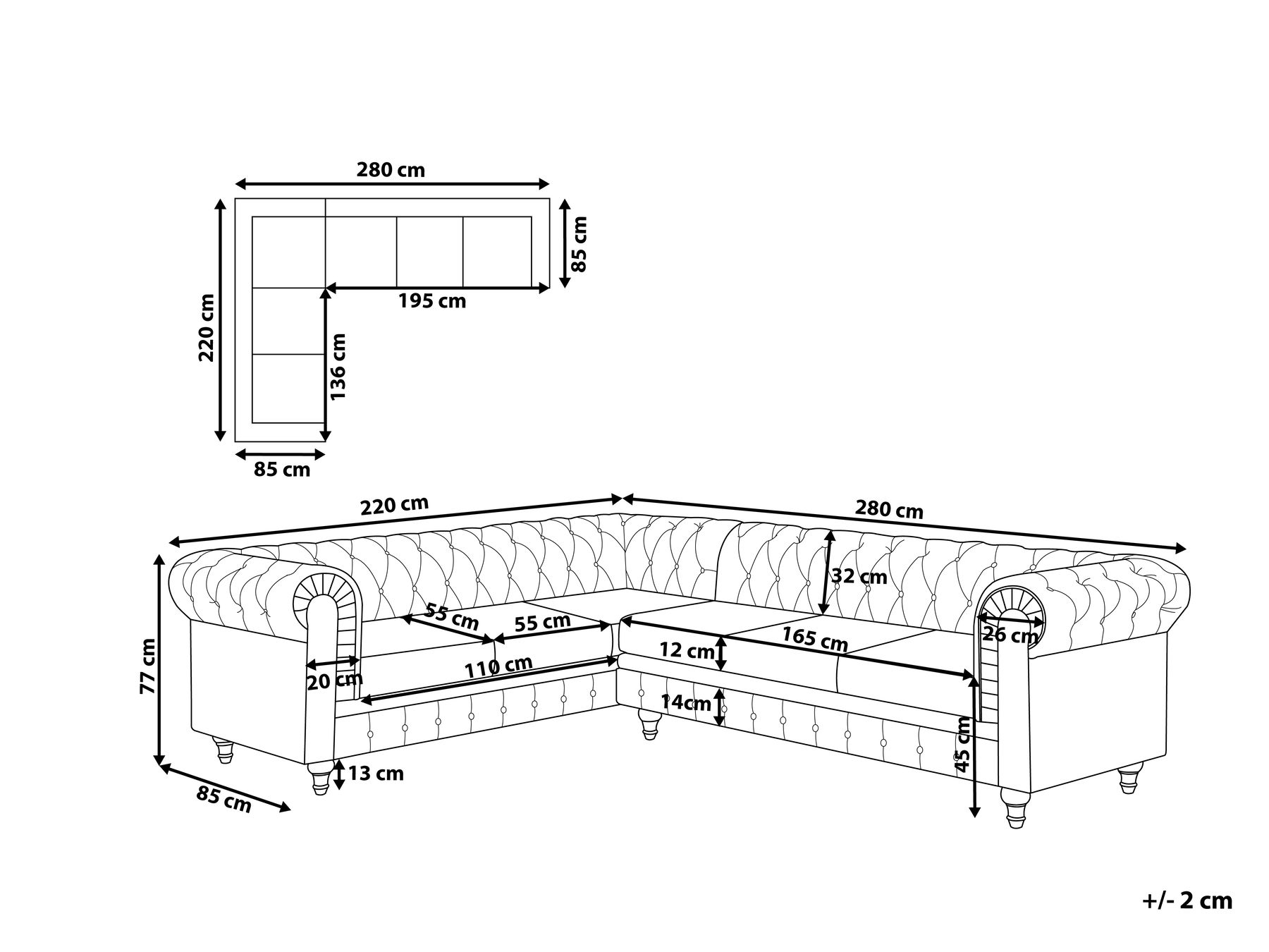 Corner Sofa 6 Seater CHESTERFIELD Fabric Grey Right Hand_811059